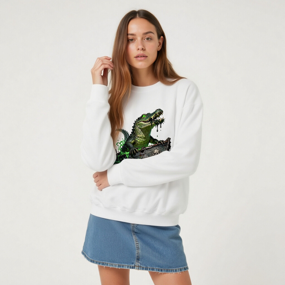 Pirate Crocodile Sweatshirt - Unisex Crew Neck, Green Gator Boat Design - Image 7