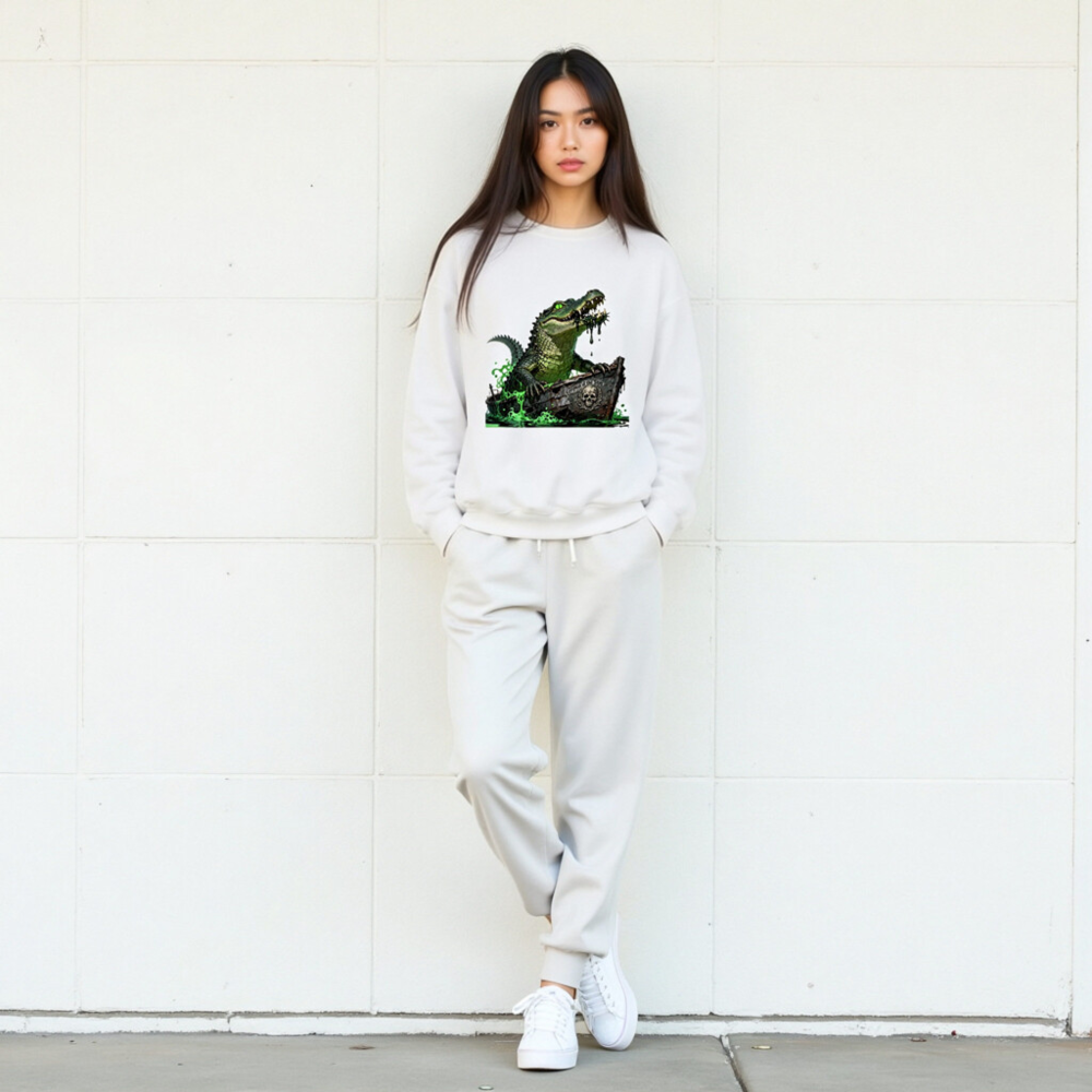 Pirate Crocodile Sweatshirt - Unisex Crew Neck, Green Gator Boat Design - Image 8