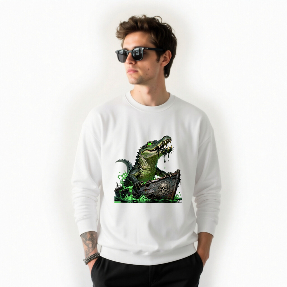 Pirate Crocodile Sweatshirt - Unisex Crew Neck, Green Gator Boat Design - Image 9