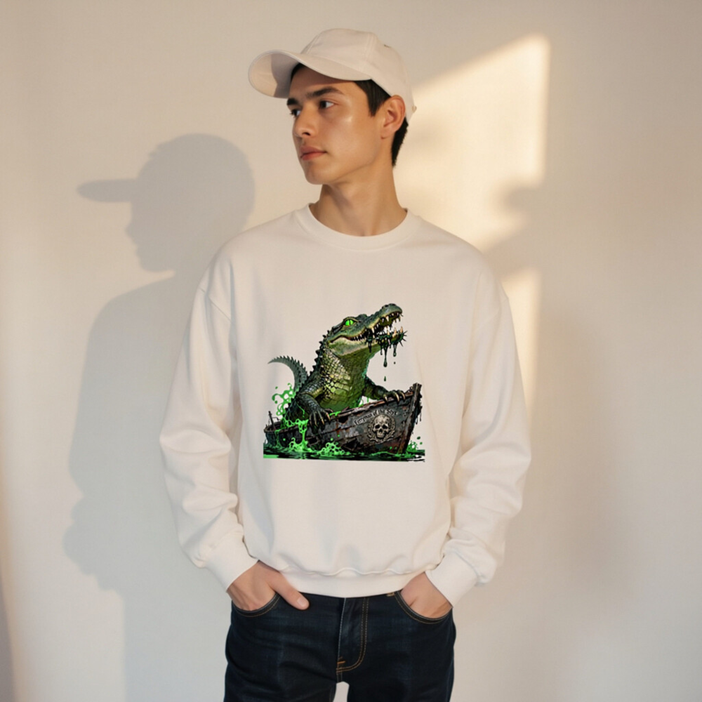 Pirate Crocodile Sweatshirt - Unisex Crew Neck, Green Gator Boat Design - Image 11