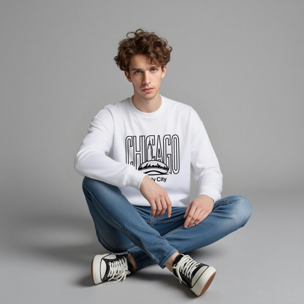 Chicago Windy City Unisex Crew Neck Sweatshirt | Black Chicago Skyline & Cloud Gate Design - Image 3
