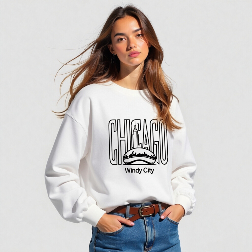 Chicago Windy City Unisex Crew Neck Sweatshirt | Black Chicago Skyline & Cloud Gate Design - Image 4