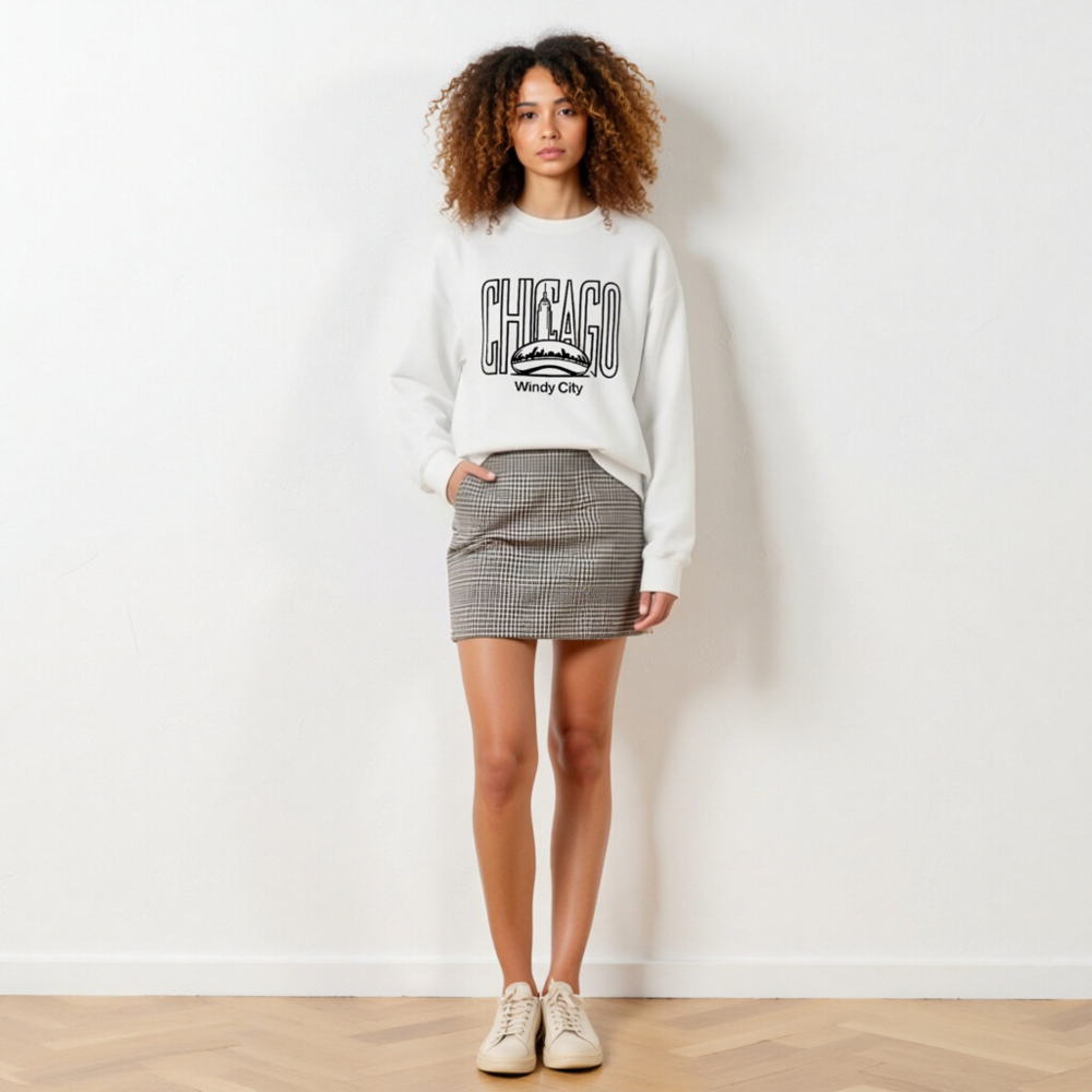 Chicago Windy City Unisex Crew Neck Sweatshirt | Black Chicago Skyline & Cloud Gate Design - Image 5