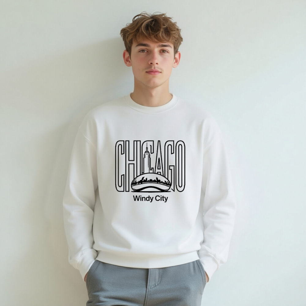 Chicago Windy City Unisex Crew Neck Sweatshirt | Black Chicago Skyline & Cloud Gate Design - Image 6