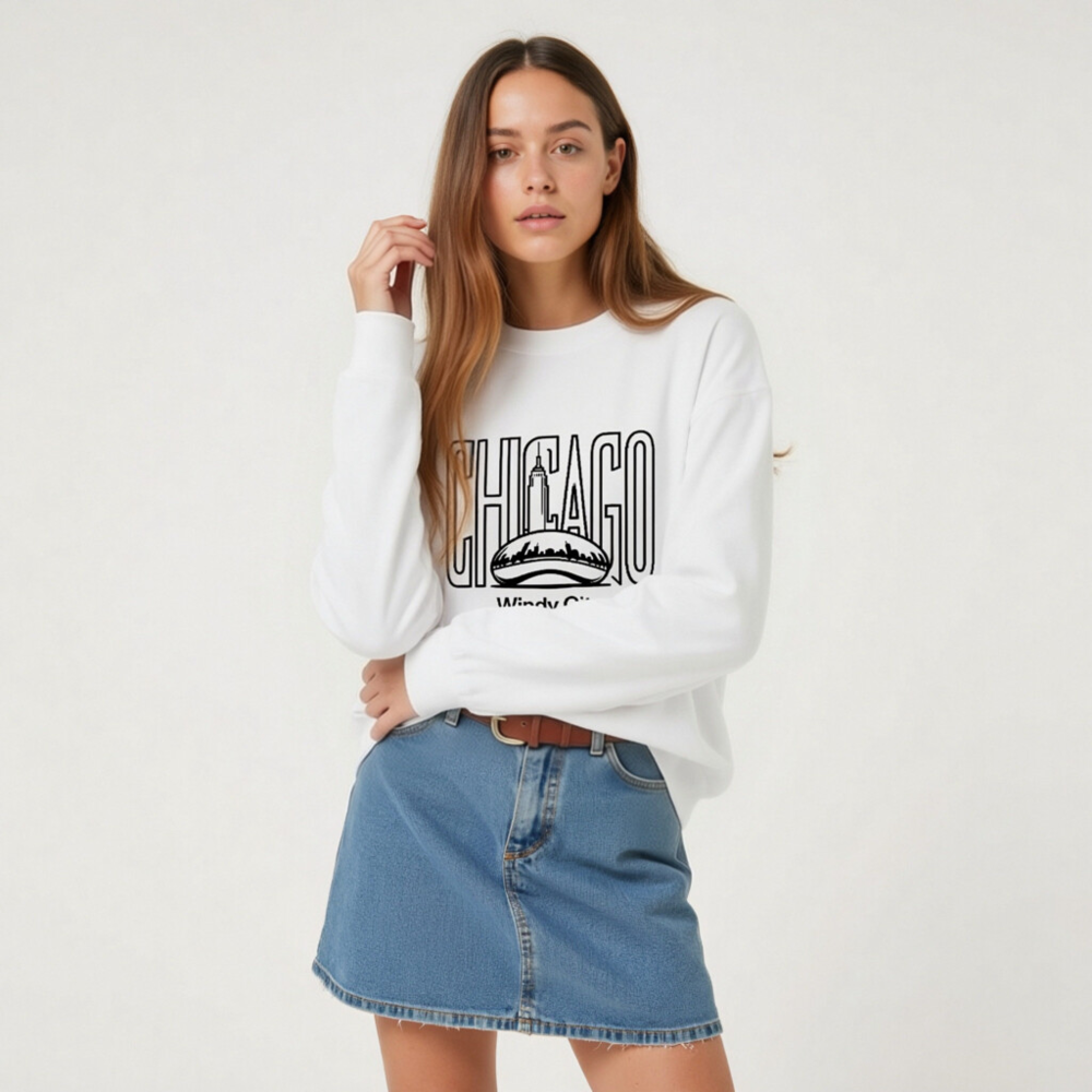 Chicago Windy City Unisex Crew Neck Sweatshirt | Black Chicago Skyline & Cloud Gate Design - Image 7