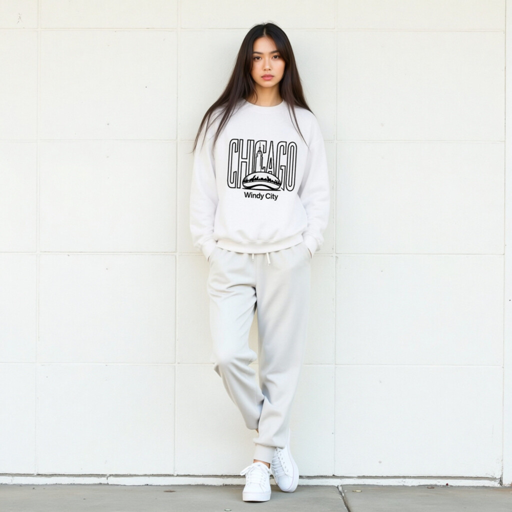 Chicago Windy City Unisex Crew Neck Sweatshirt | Black Chicago Skyline & Cloud Gate Design - Image 8