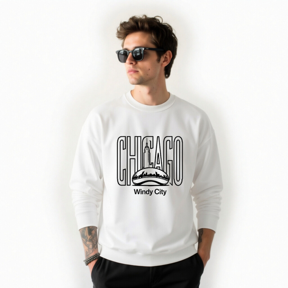 Chicago Windy City Unisex Crew Neck Sweatshirt | Black Chicago Skyline & Cloud Gate Design - Image 9