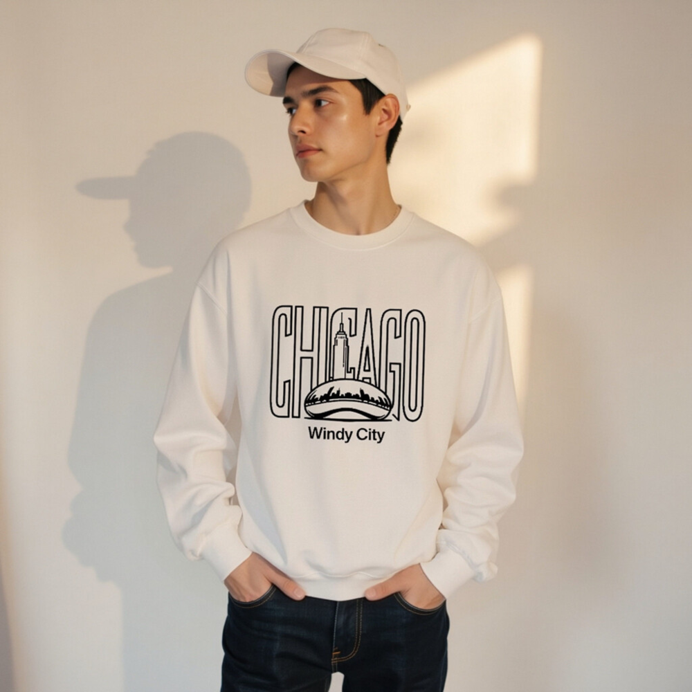Chicago Windy City Unisex Crew Neck Sweatshirt | Black Chicago Skyline & Cloud Gate Design - Image 11