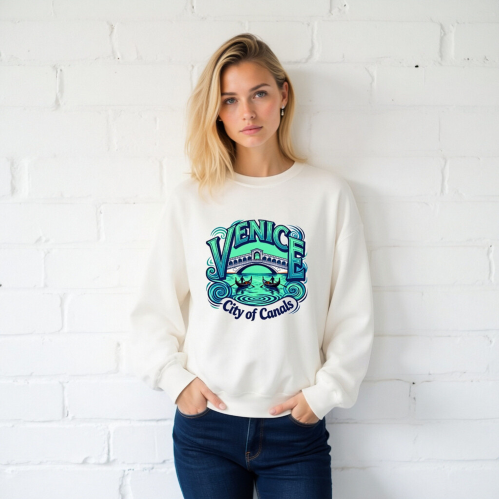 Venice City of Canals Unisex Crew Neck Sweatshirt - Blue Water Bridge Gondola Design - Image 2
