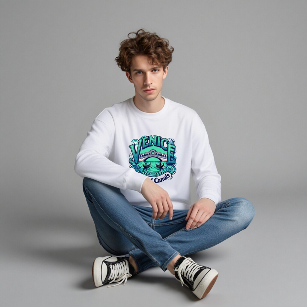 Venice City of Canals Unisex Crew Neck Sweatshirt - Blue Water Bridge Gondola Design - Image 3