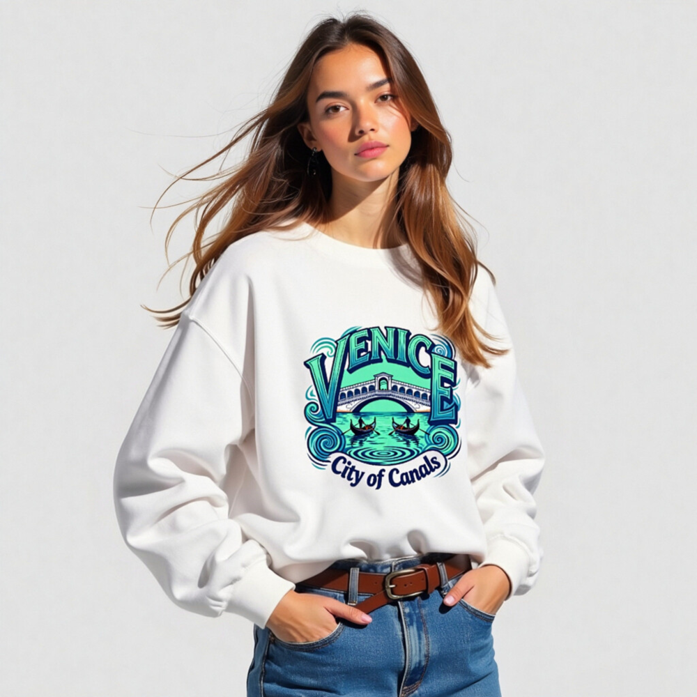 Venice City of Canals Unisex Crew Neck Sweatshirt - Blue Water Bridge Gondola Design - Image 4