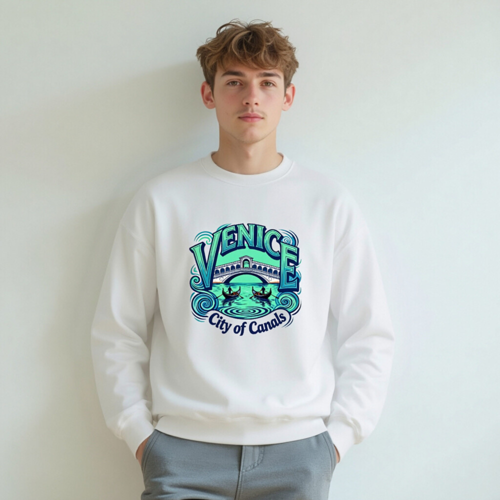 Venice City of Canals Unisex Crew Neck Sweatshirt - Blue Water Bridge Gondola Design - Image 6