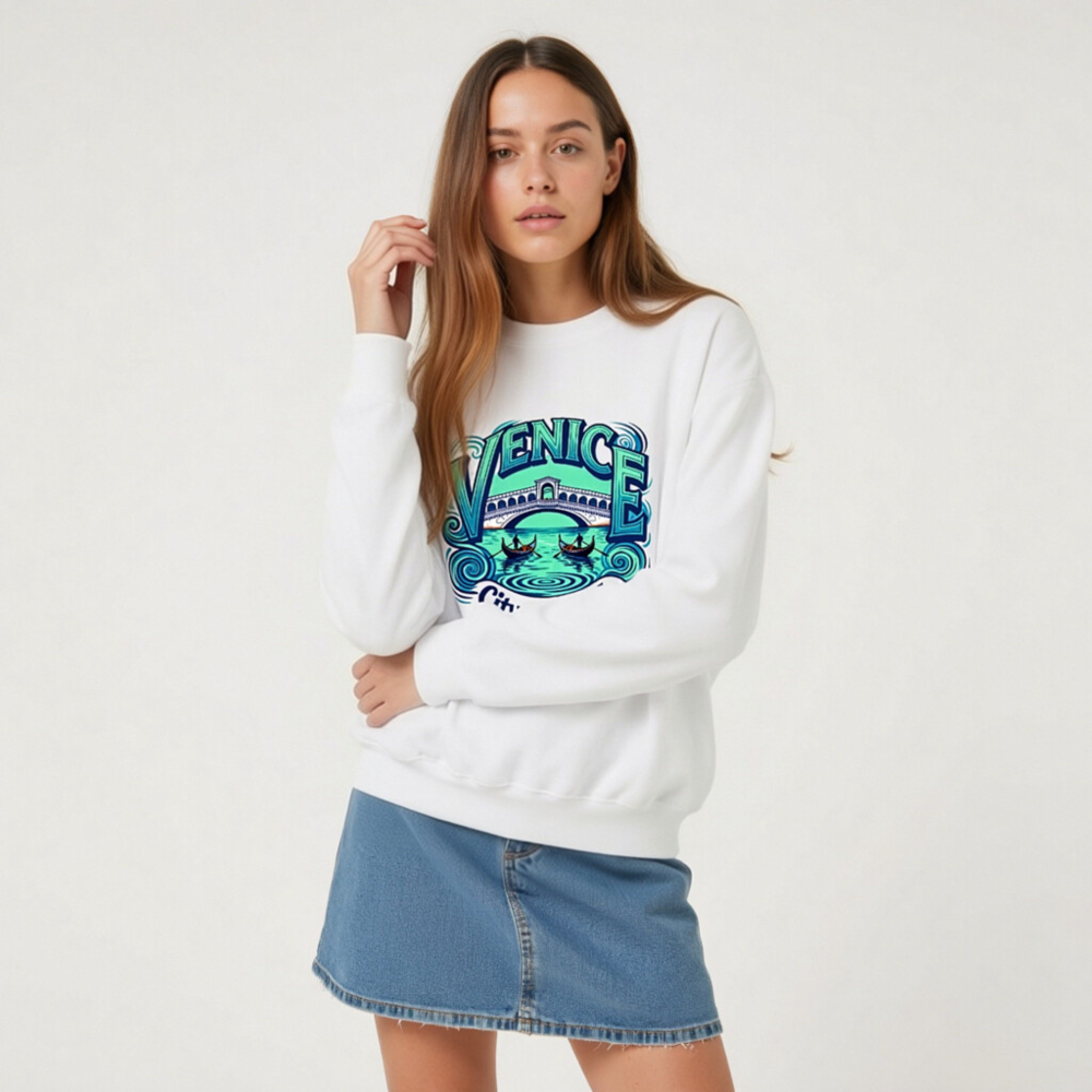 Venice City of Canals Unisex Crew Neck Sweatshirt - Blue Water Bridge Gondola Design - Image 7
