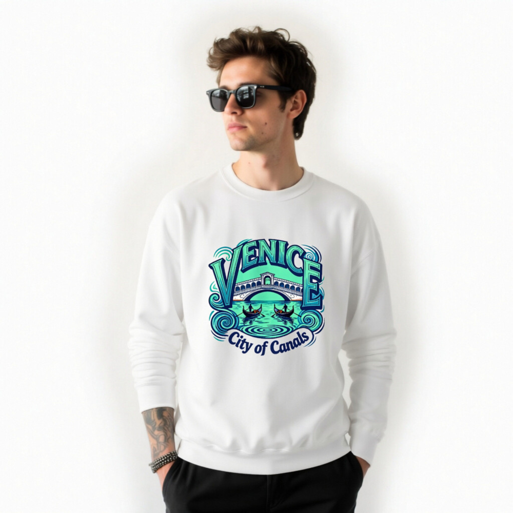 Venice City of Canals Unisex Crew Neck Sweatshirt - Blue Water Bridge Gondola Design - Image 9