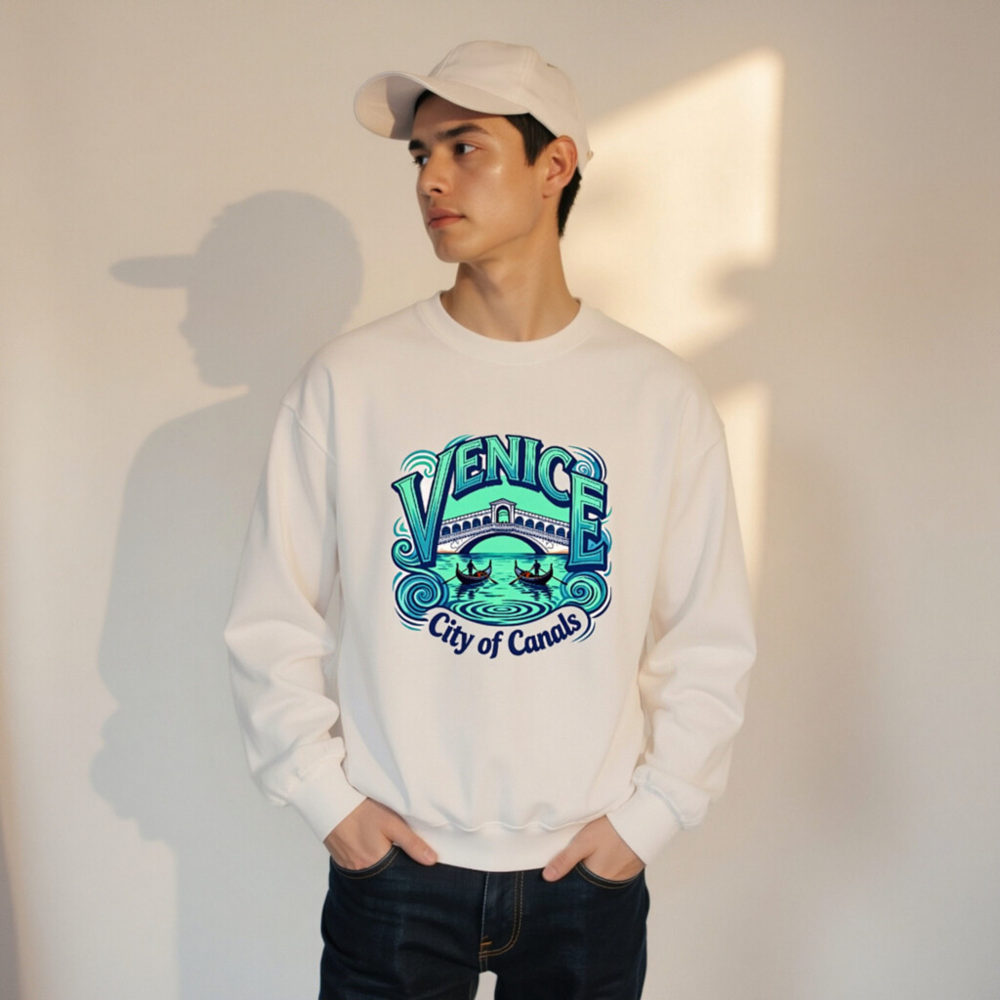Venice City of Canals Unisex Crew Neck Sweatshirt - Blue Water Bridge Gondola Design - Image 11