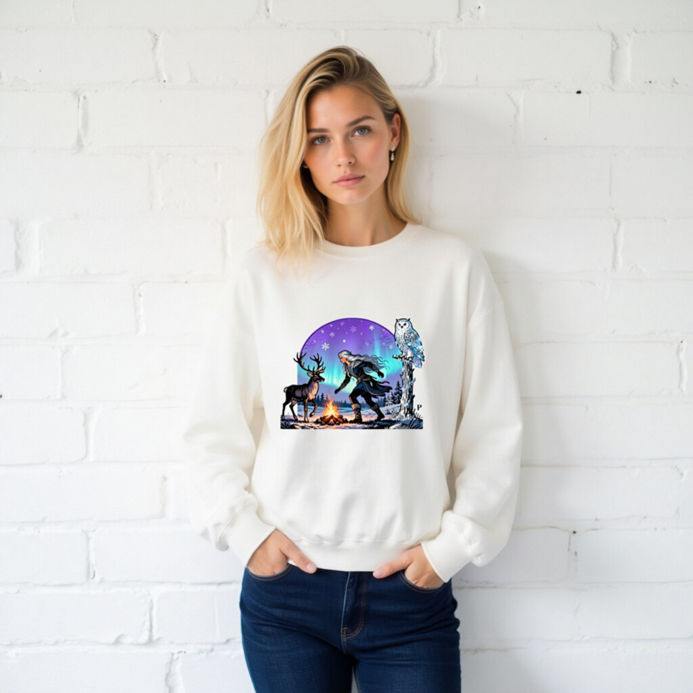 Unisex Crew Neck Sweatshirt with Winter Fantasy Owl, Reindeer & Aurora Borealis Design - Image 2