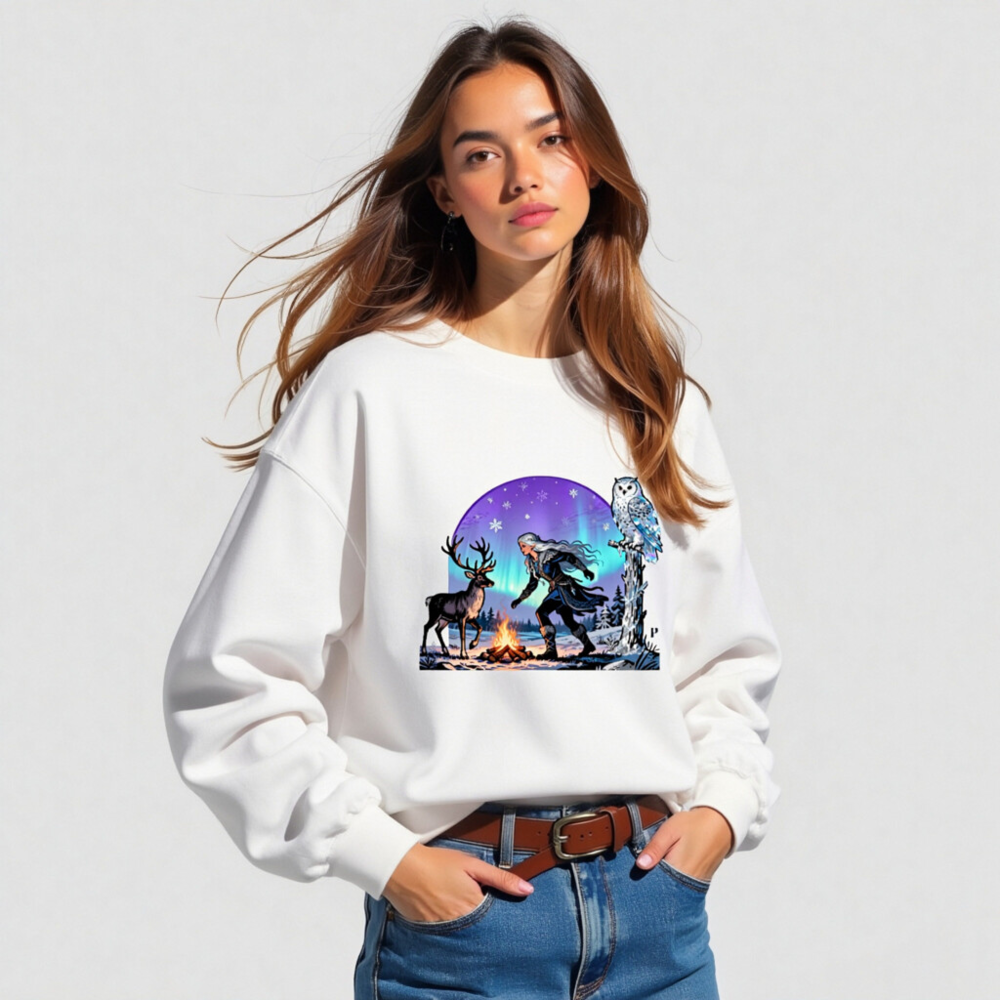 Unisex Crew Neck Sweatshirt with Winter Fantasy Owl, Reindeer & Aurora Borealis Design - Image 4