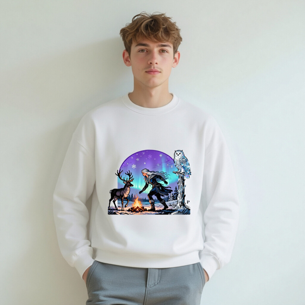 Unisex Crew Neck Sweatshirt with Winter Fantasy Owl, Reindeer & Aurora Borealis Design - Image 6