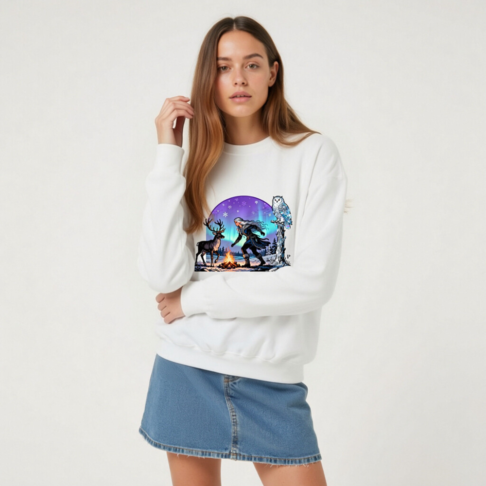 Unisex Crew Neck Sweatshirt with Winter Fantasy Owl, Reindeer & Aurora Borealis Design - Image 7