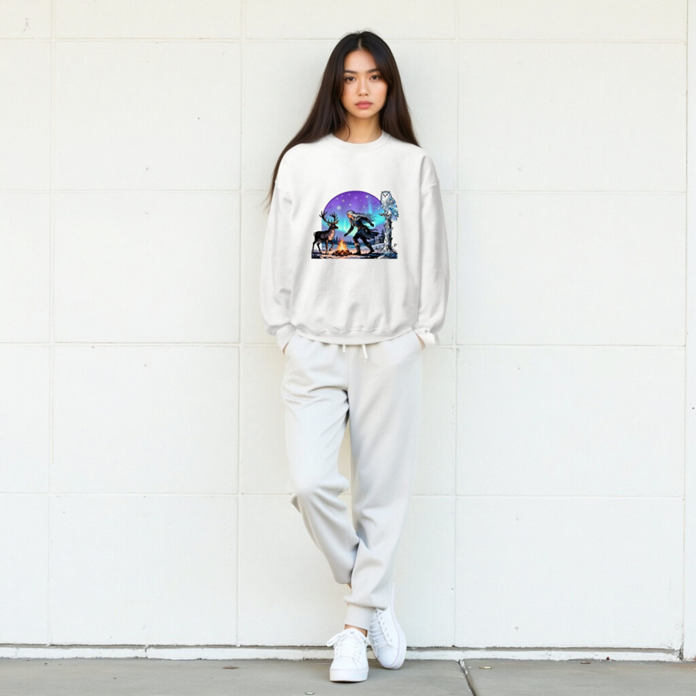 Unisex Crew Neck Sweatshirt with Winter Fantasy Owl, Reindeer & Aurora Borealis Design - Image 8