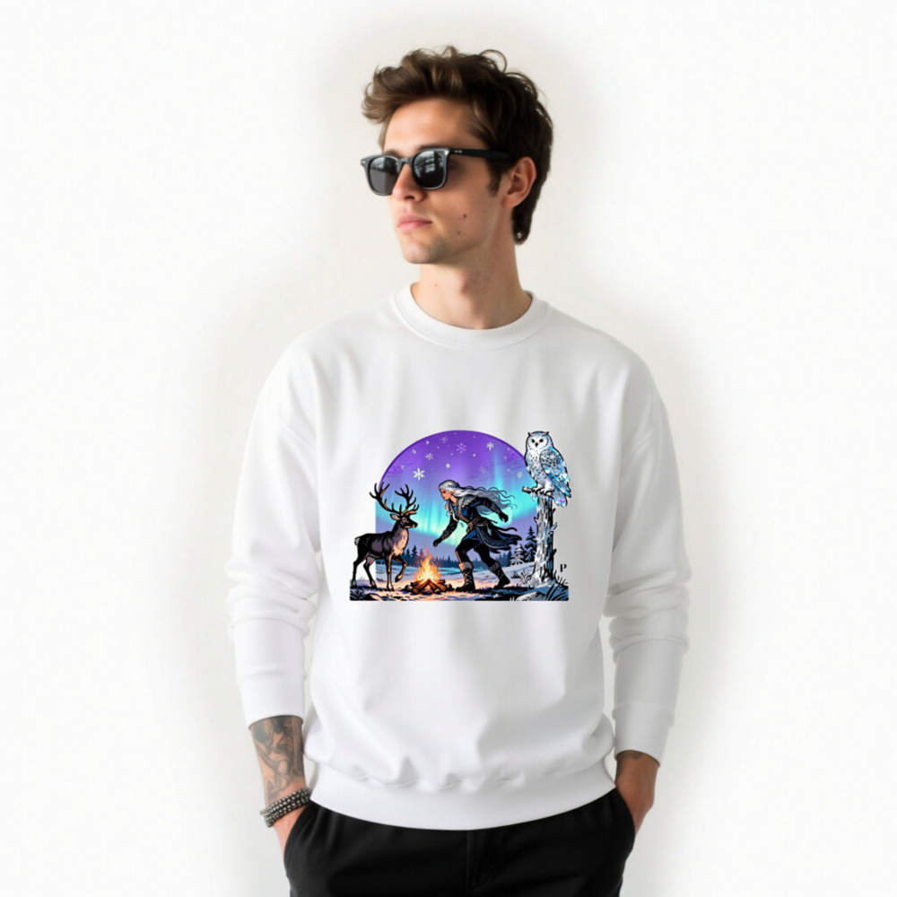Unisex Crew Neck Sweatshirt with Winter Fantasy Owl, Reindeer & Aurora Borealis Design - Image 9