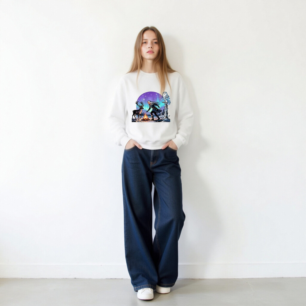 Unisex Crew Neck Sweatshirt with Winter Fantasy Owl, Reindeer & Aurora Borealis Design - Image 10