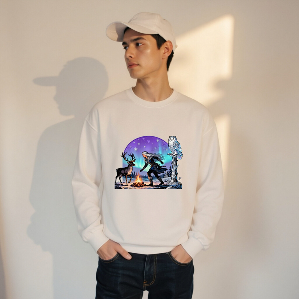Unisex Crew Neck Sweatshirt with Winter Fantasy Owl, Reindeer & Aurora Borealis Design - Image 11