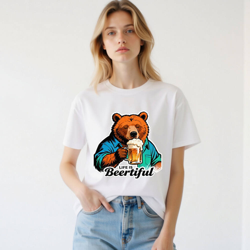 Unisex Organic Cotton T-Shirt | Bear Drinking Beer - Life Is Beertiful - Image 2