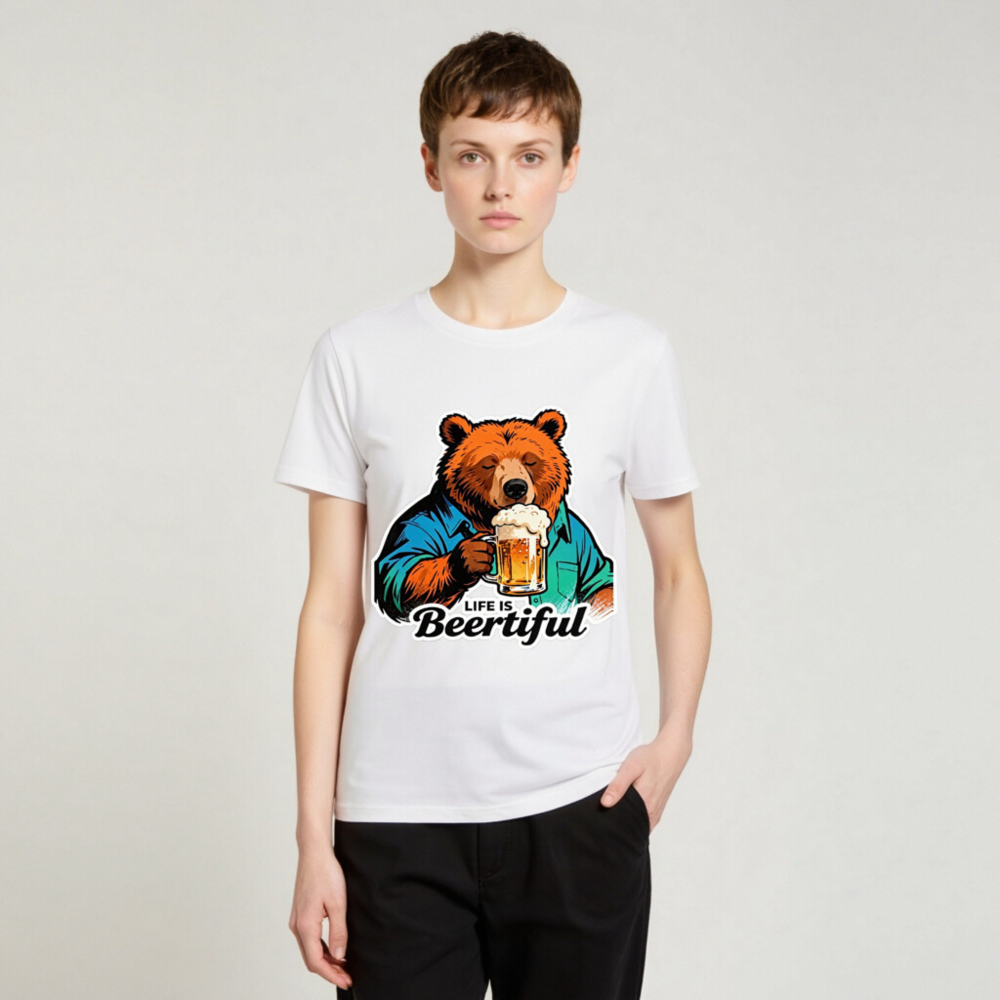 Unisex Organic Cotton T-Shirt | Bear Drinking Beer - Life Is Beertiful - Image 3