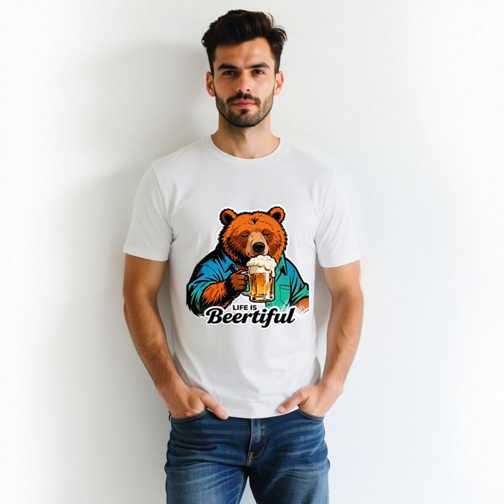 Unisex Organic Cotton T-Shirt | Bear Drinking Beer - Life Is Beertiful - Image 4