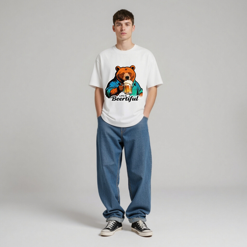 Unisex Organic Cotton T-Shirt | Bear Drinking Beer - Life Is Beertiful - Image 5