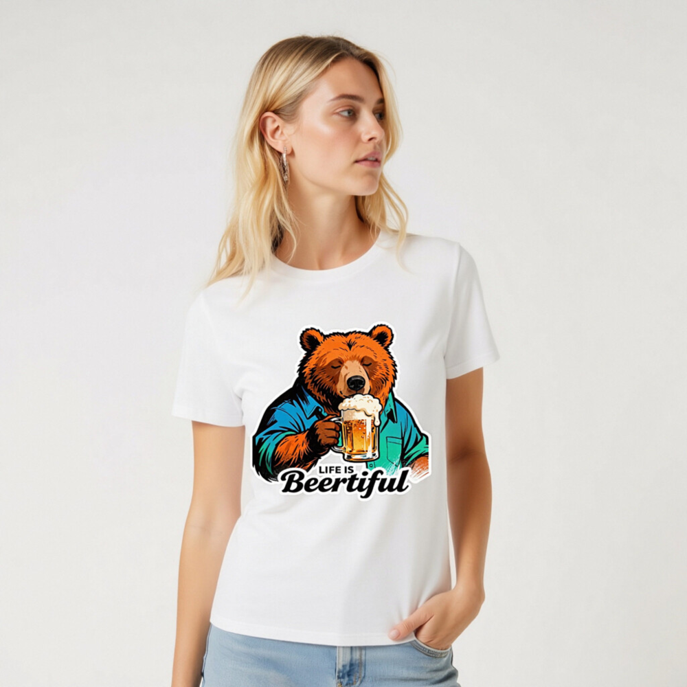 Unisex Organic Cotton T-Shirt | Bear Drinking Beer - Life Is Beertiful - Image 6