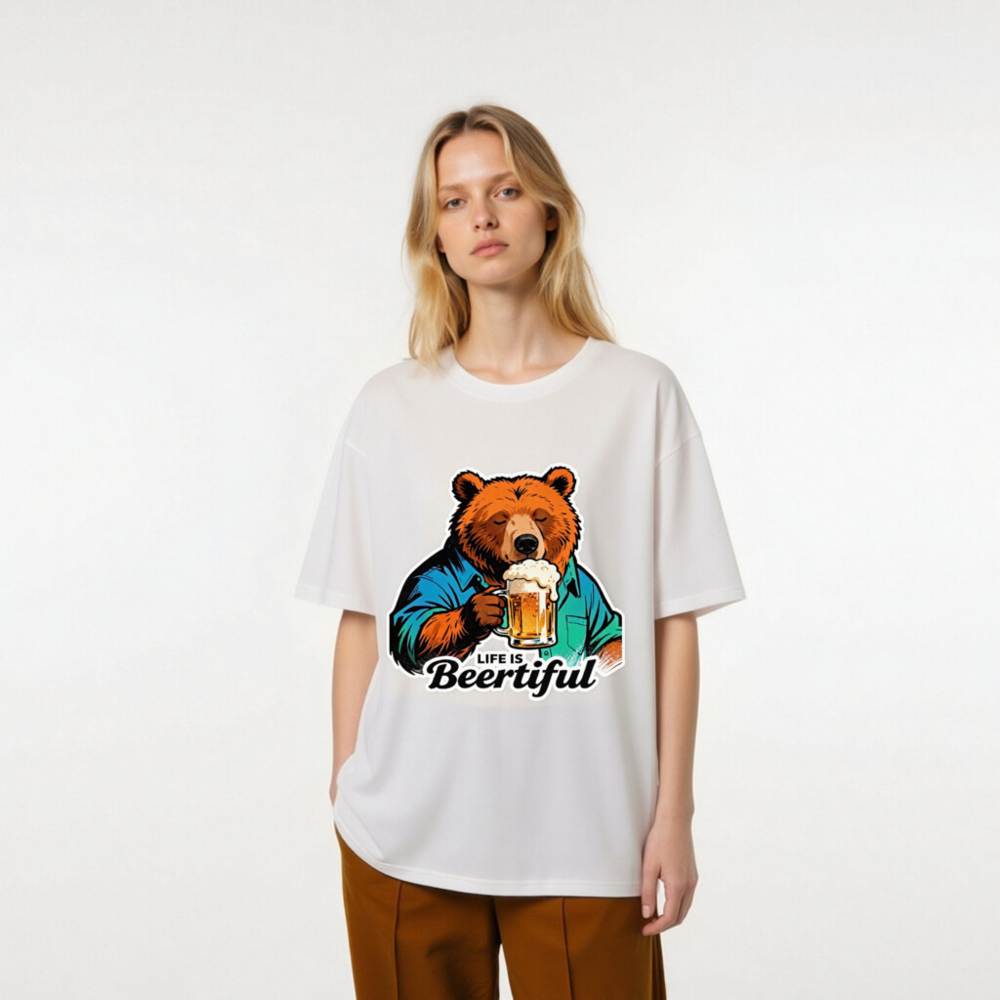 Unisex Organic Cotton T-Shirt | Bear Drinking Beer - Life Is Beertiful - Image 7
