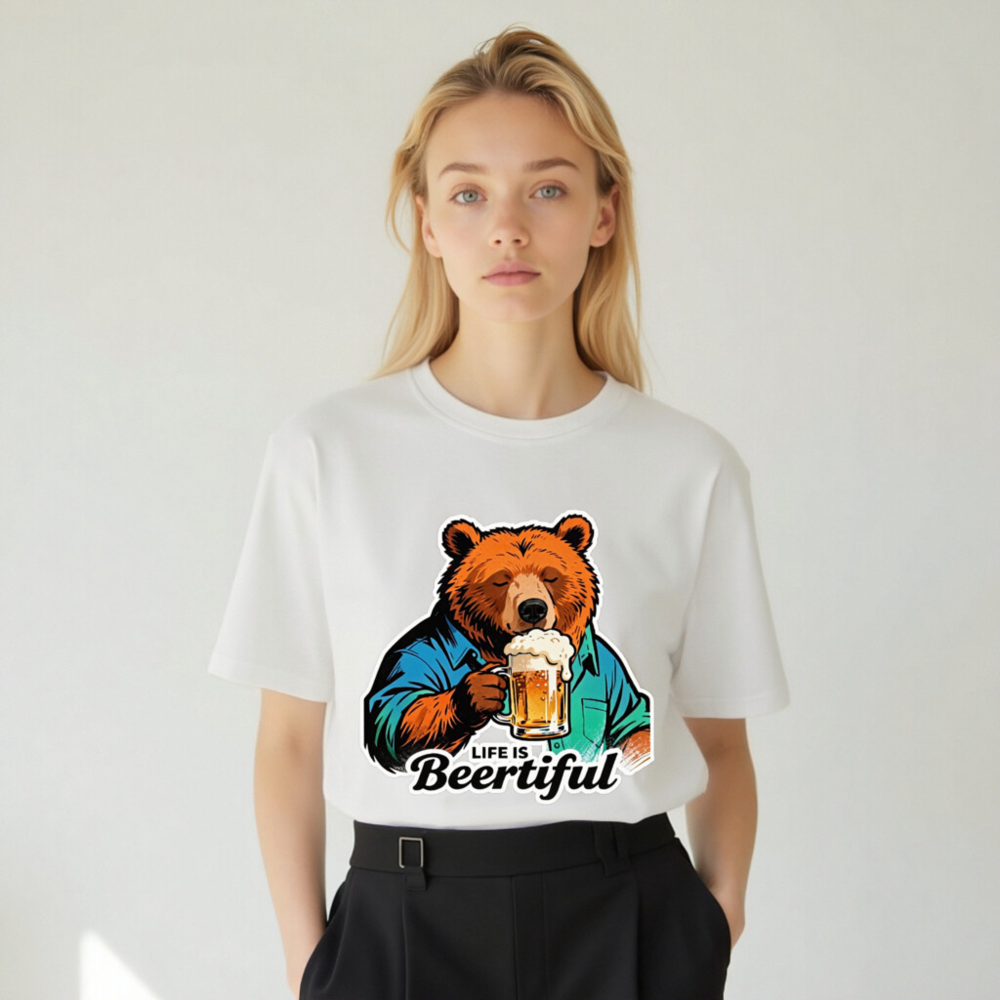 Unisex Organic Cotton T-Shirt | Bear Drinking Beer - Life Is Beertiful - Image 8