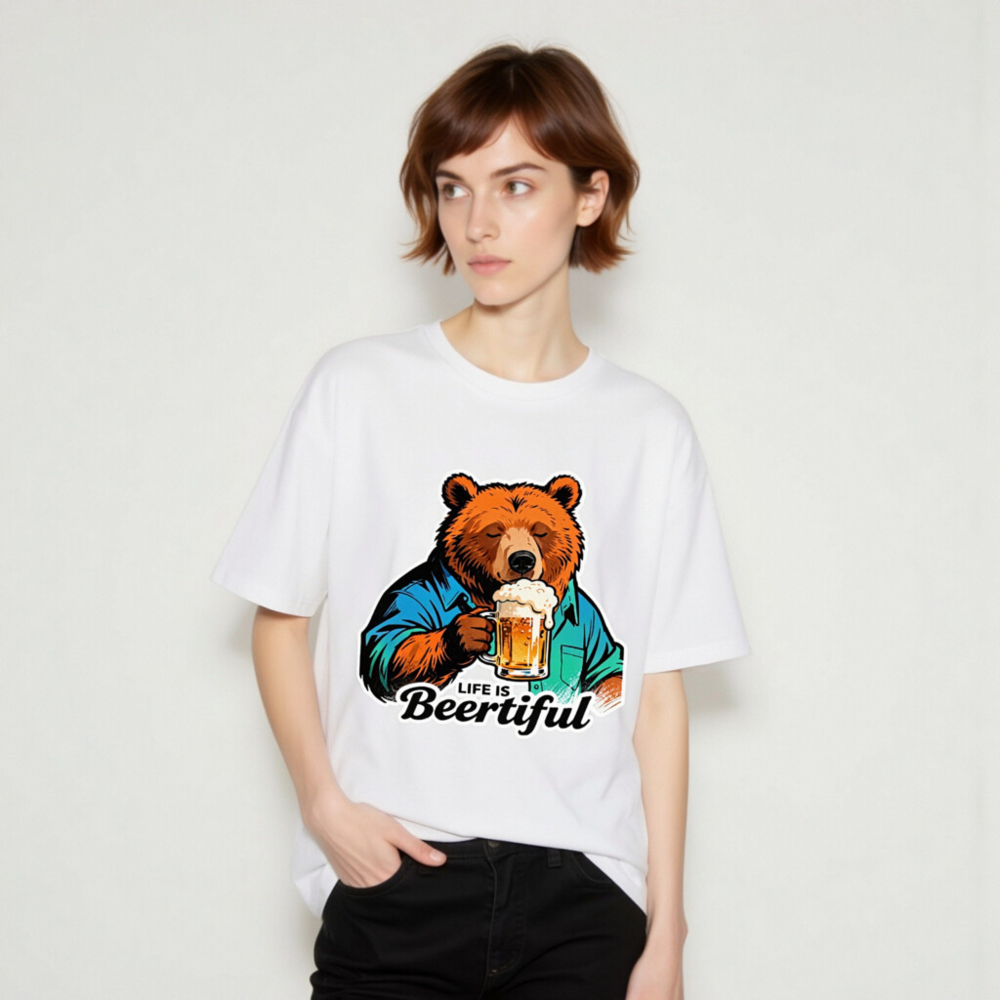 Unisex Organic Cotton T-Shirt | Bear Drinking Beer - Life Is Beertiful - Image 9