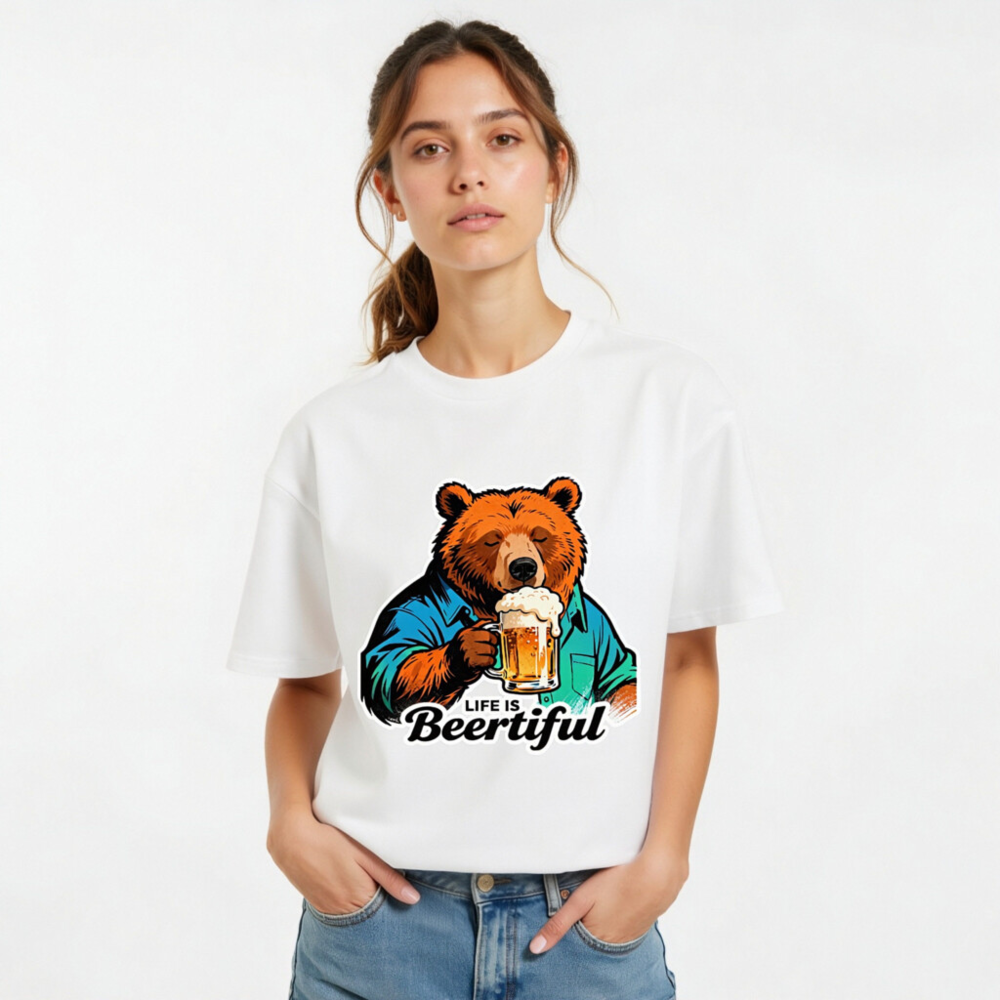 Unisex Organic Cotton T-Shirt | Bear Drinking Beer - Life Is Beertiful - Image 10