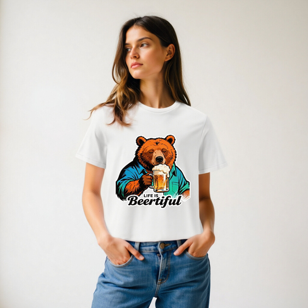 Unisex Organic Cotton T-Shirt | Bear Drinking Beer - Life Is Beertiful - Image 11