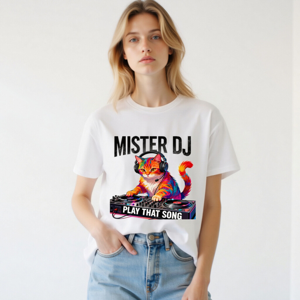 Mister DJ Cat T-Shirt - Play That Song Unisex Organic Cotton Tee - Image 2