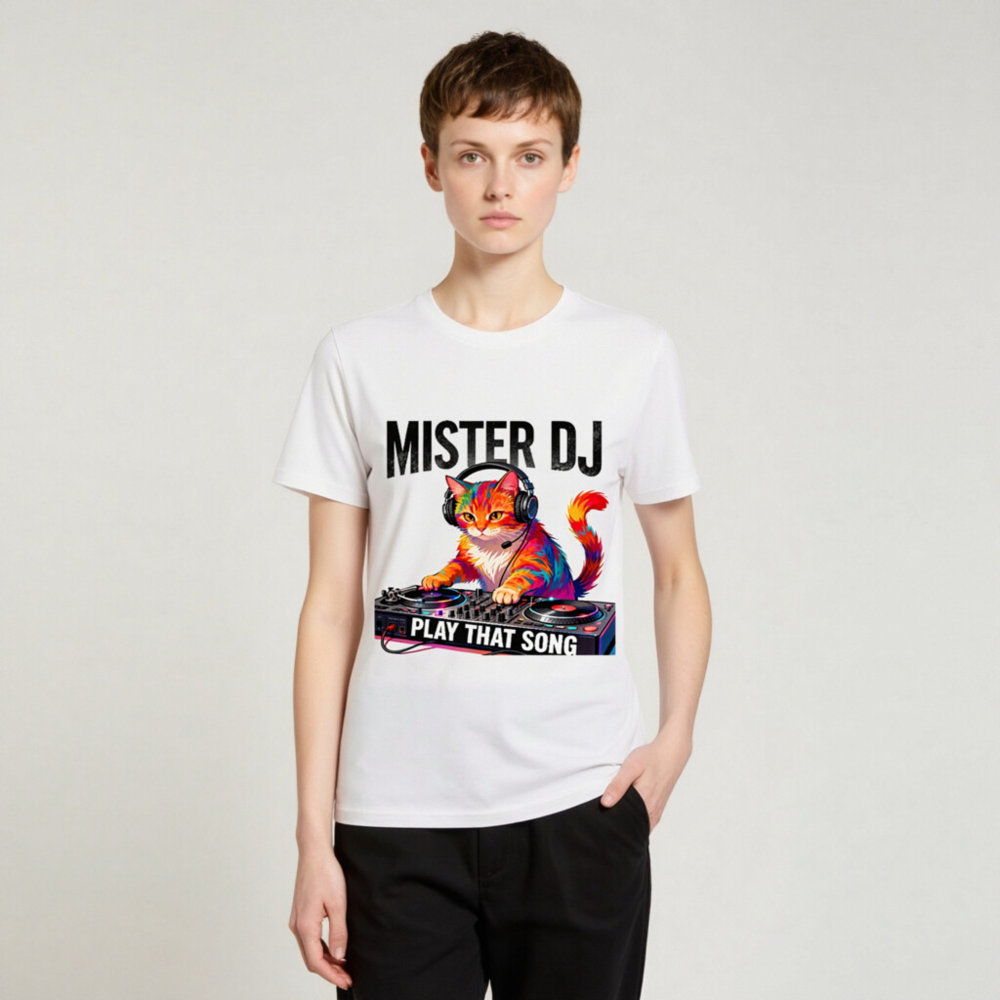 Mister DJ Cat T-Shirt - Play That Song Unisex Organic Cotton Tee - Image 3