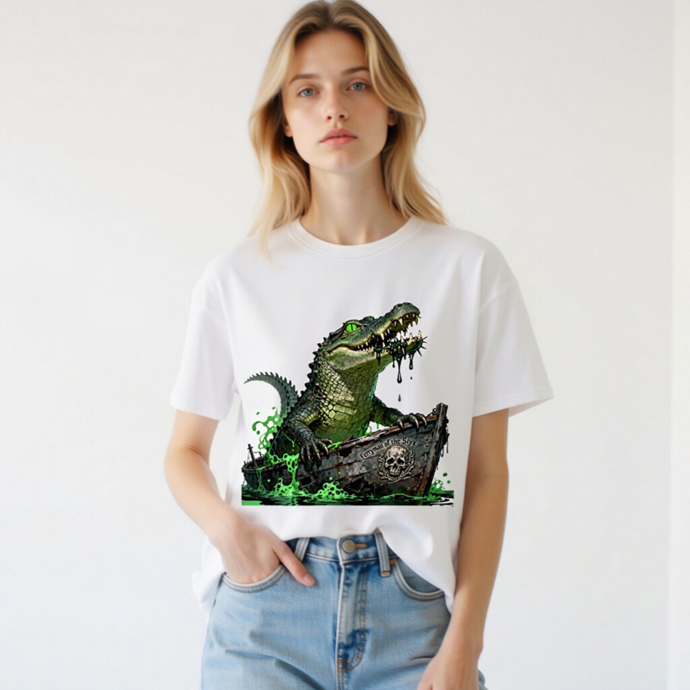 Unisex Organic Cotton T-Shirt: Green Crocodile Ferryman of the Styx Boat Graphic Tee - Image 2
