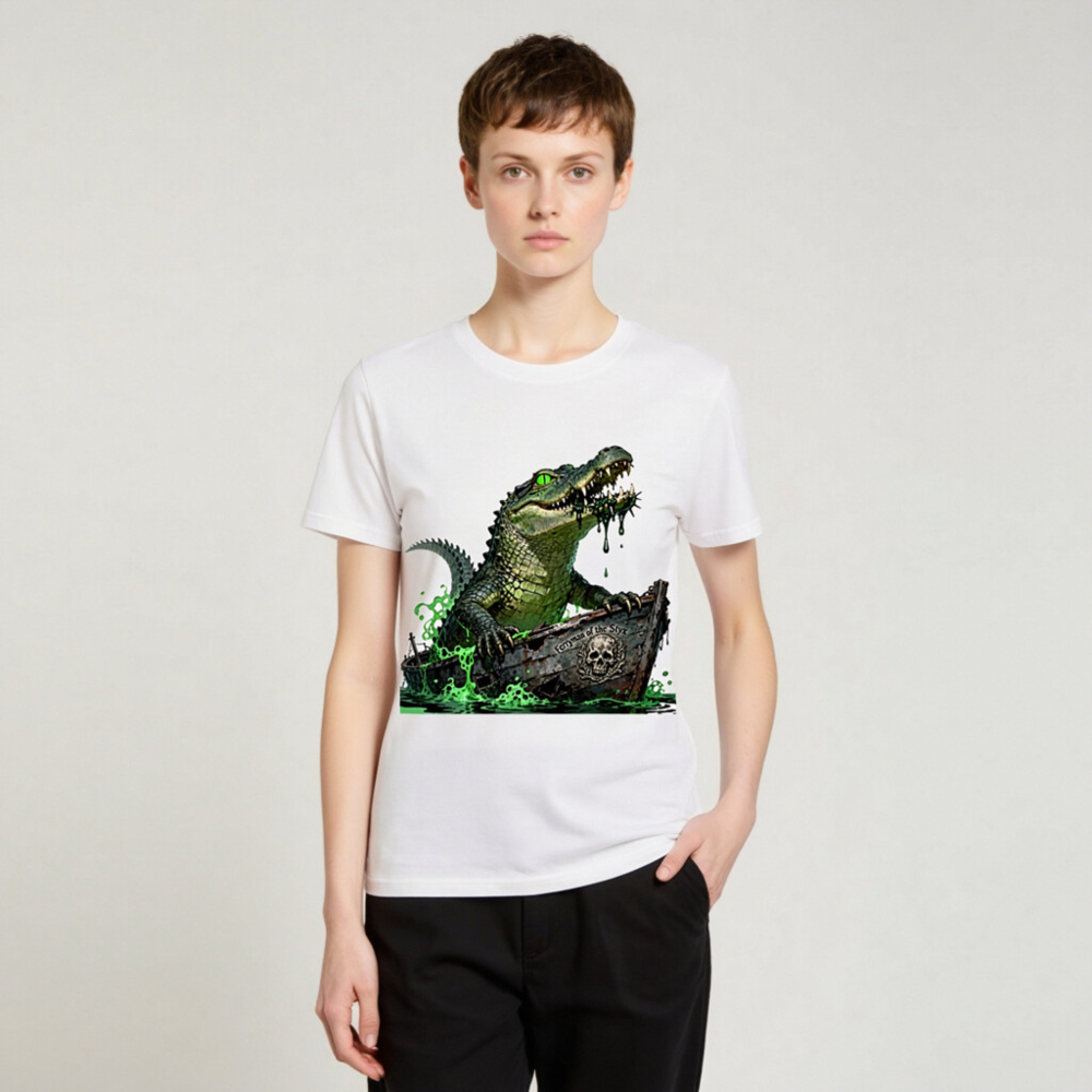 Unisex Organic Cotton T-Shirt: Green Crocodile Ferryman of the Styx Boat Graphic Tee - Image 3