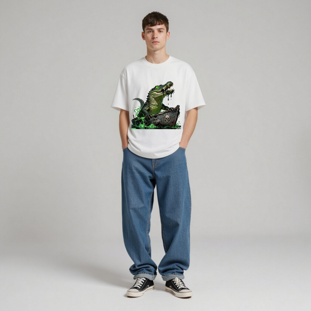 Unisex Organic Cotton T-Shirt: Green Crocodile Ferryman of the Styx Boat Graphic Tee - Image 5