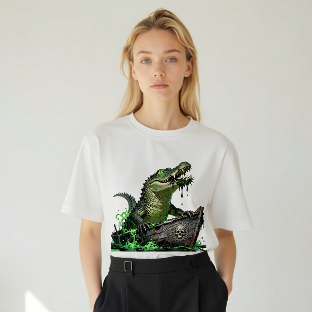 Unisex Organic Cotton T-Shirt: Green Crocodile Ferryman of the Styx Boat Graphic Tee - Image 8