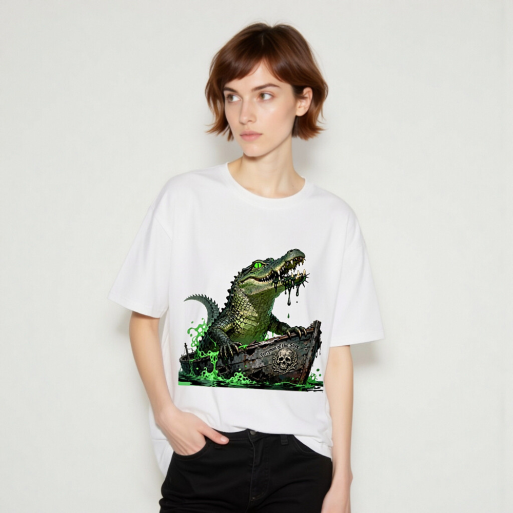 Unisex Organic Cotton T-Shirt: Green Crocodile Ferryman of the Styx Boat Graphic Tee - Image 9