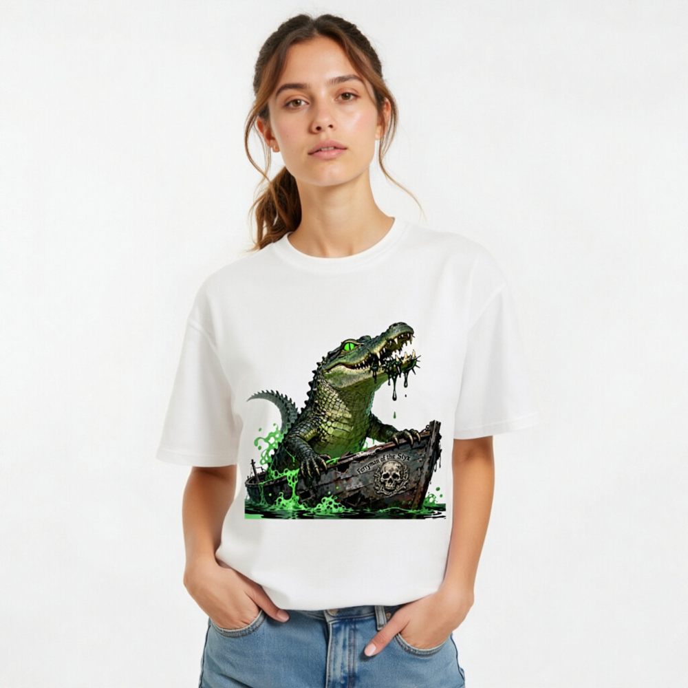 Unisex Organic Cotton T-Shirt: Green Crocodile Ferryman of the Styx Boat Graphic Tee - Image 10