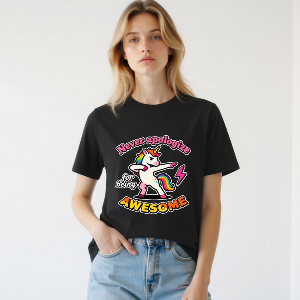 Unisex Organic Cotton T-Shirt - Dabbing Unicorn, 'Never Apologize for Being Awesome' - Image 2