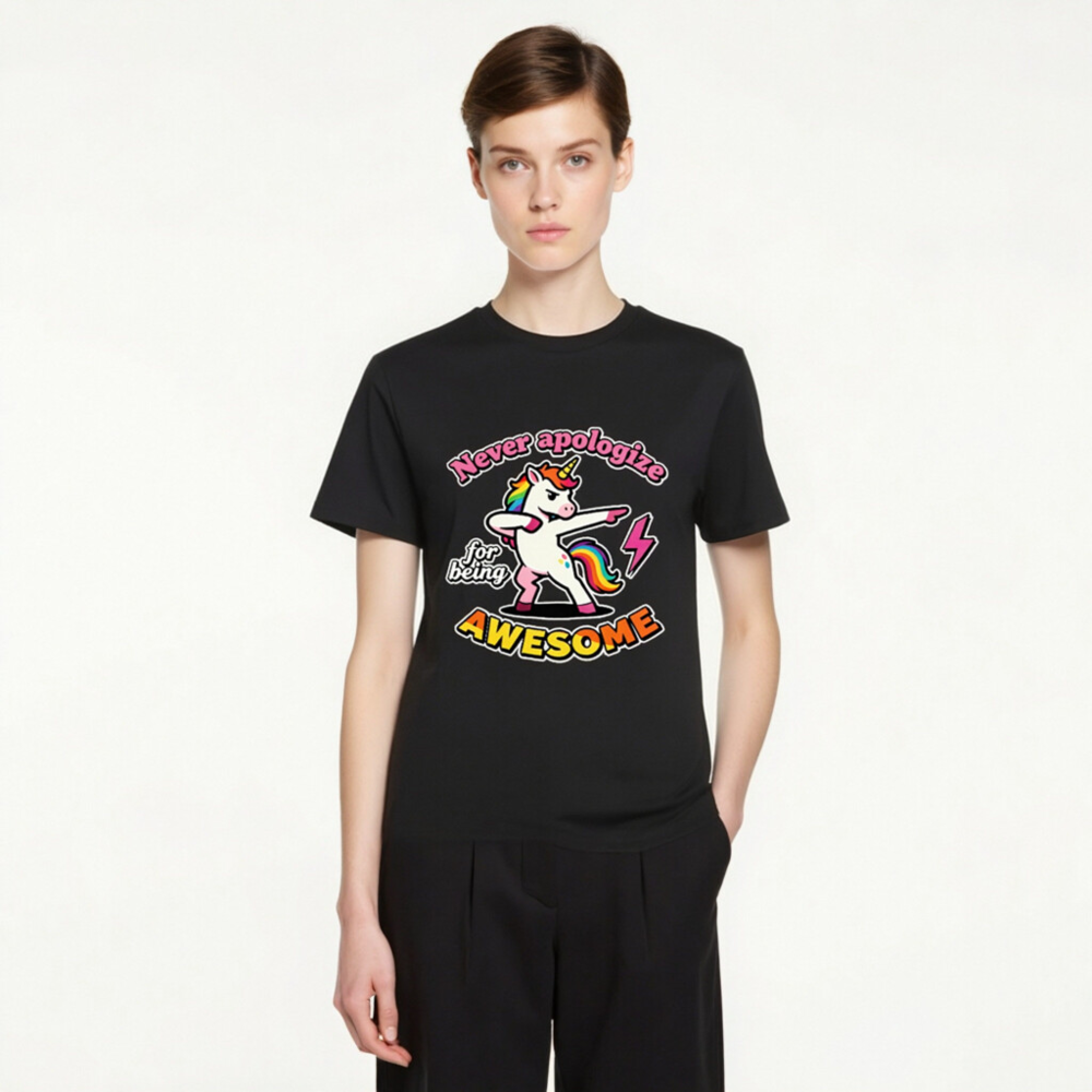 Unisex Organic Cotton T-Shirt - Dabbing Unicorn, 'Never Apologize for Being Awesome' - Image 3