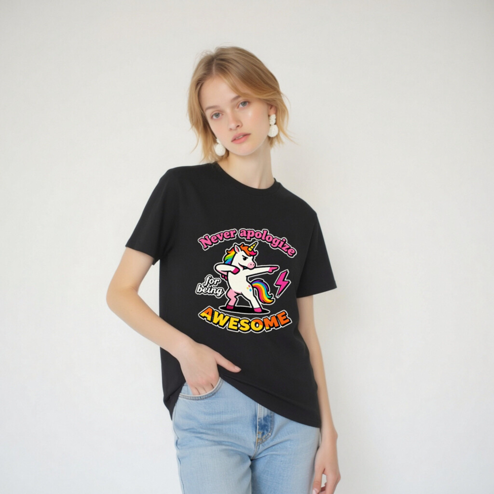 Unisex Organic Cotton T-Shirt - Dabbing Unicorn, 'Never Apologize for Being Awesome' - Image 4
