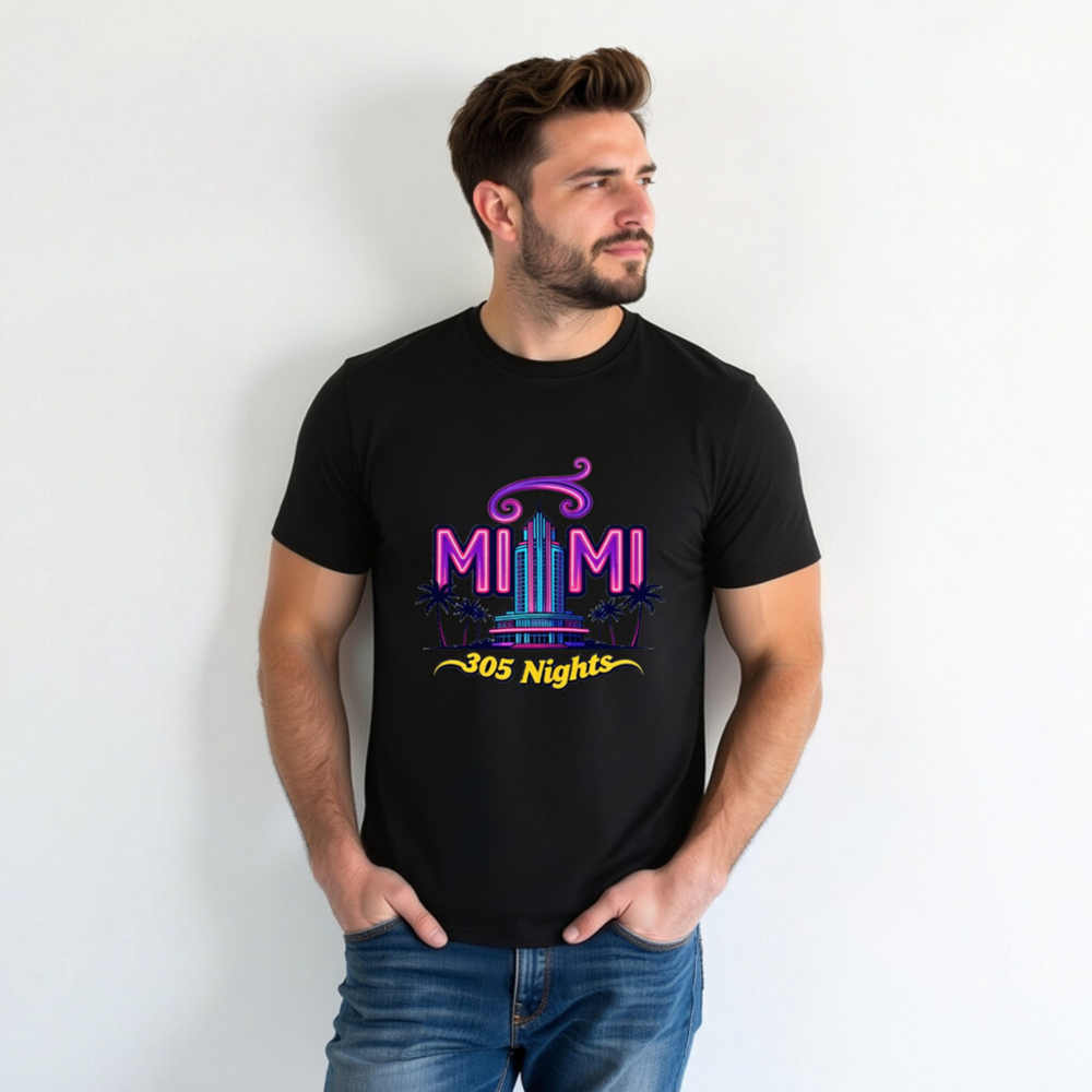 Miami 305 Nights Unisex Organic Cotton T-Shirt | Neon Art Design - Image 5