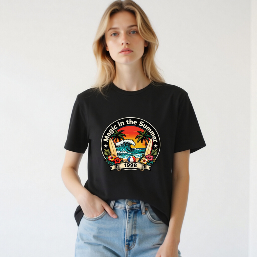 Unisex Staple T-Shirt - Magic in the Summer 1998 Surf Design, Black - Image 2